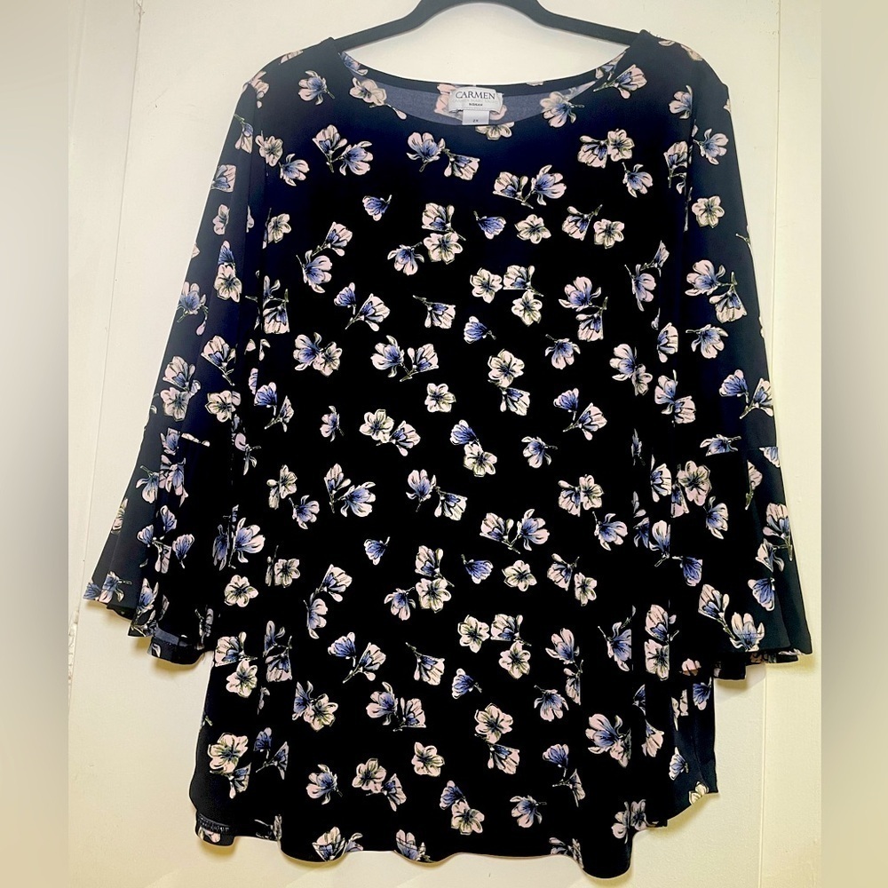 Floral Print Navy 3/4 Sleeve Top 2XL